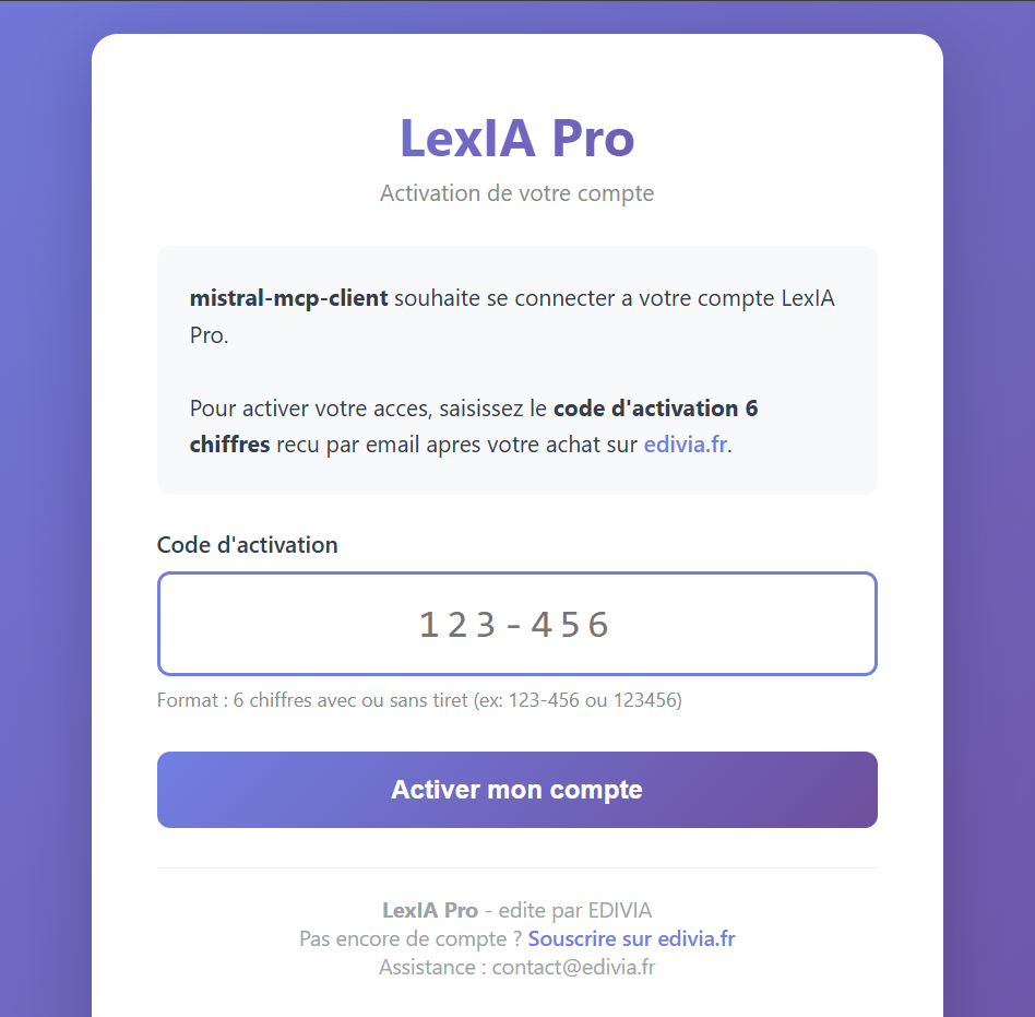 Saisie du code d'activation dans Mistral Vibe