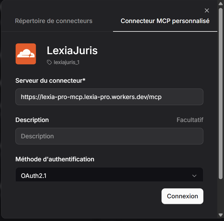 Coller l'URL du connecteur MCP LexIA